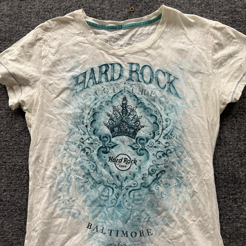 Hard Rock Couture T-Shirt Womens Large White Rhinestone Crown Graphic Baltimore